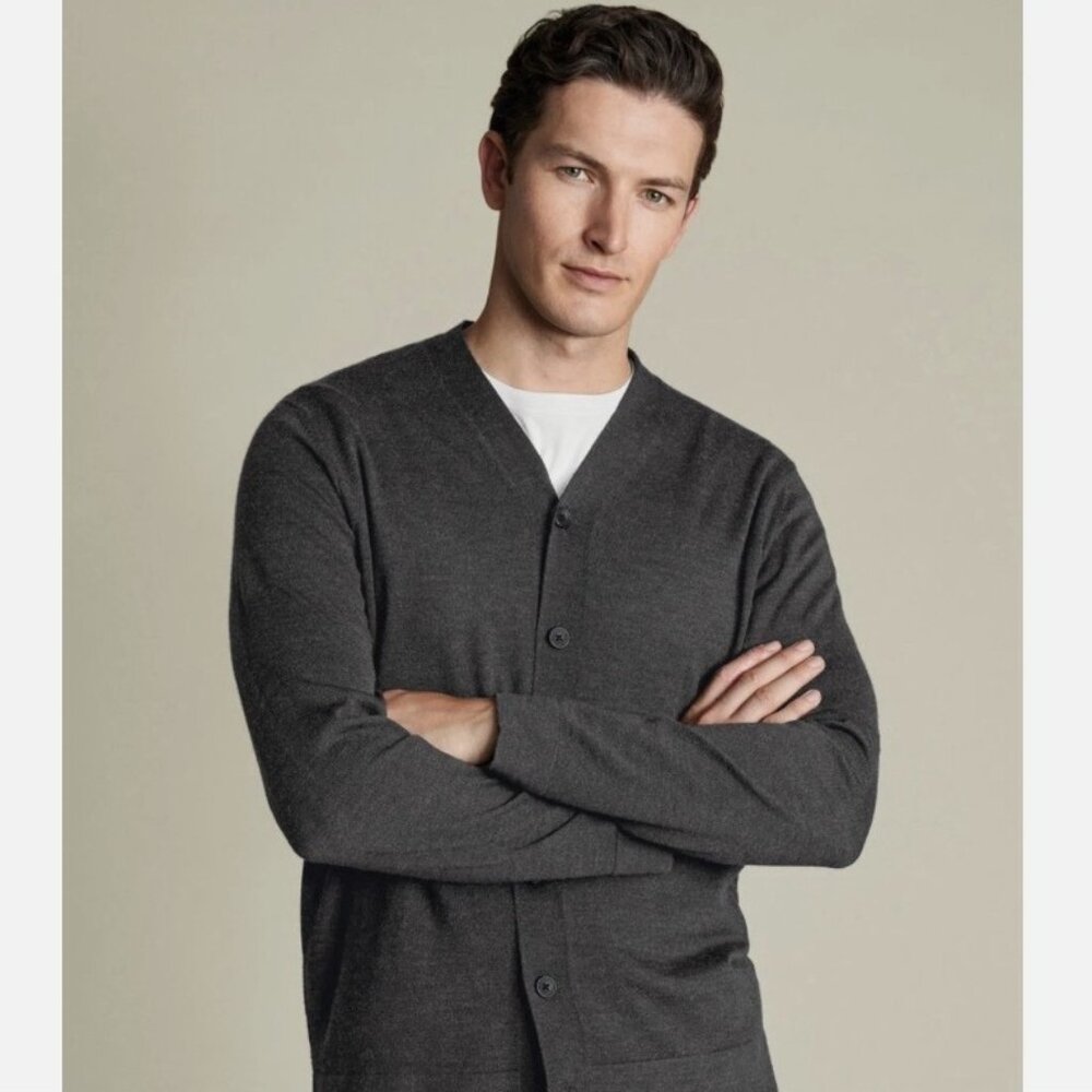 Charles Tyrwhitt Pure Merino Wool Cardigan Sweater Men Sz Medium Gray Preppy